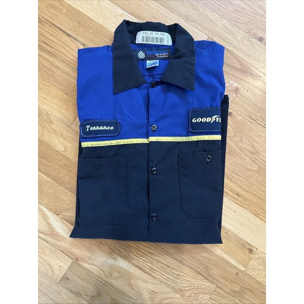 Goodyear Mechanic Shirt Mens 17.5 Blue Black Work Shirt‎ UniFirst Terrance